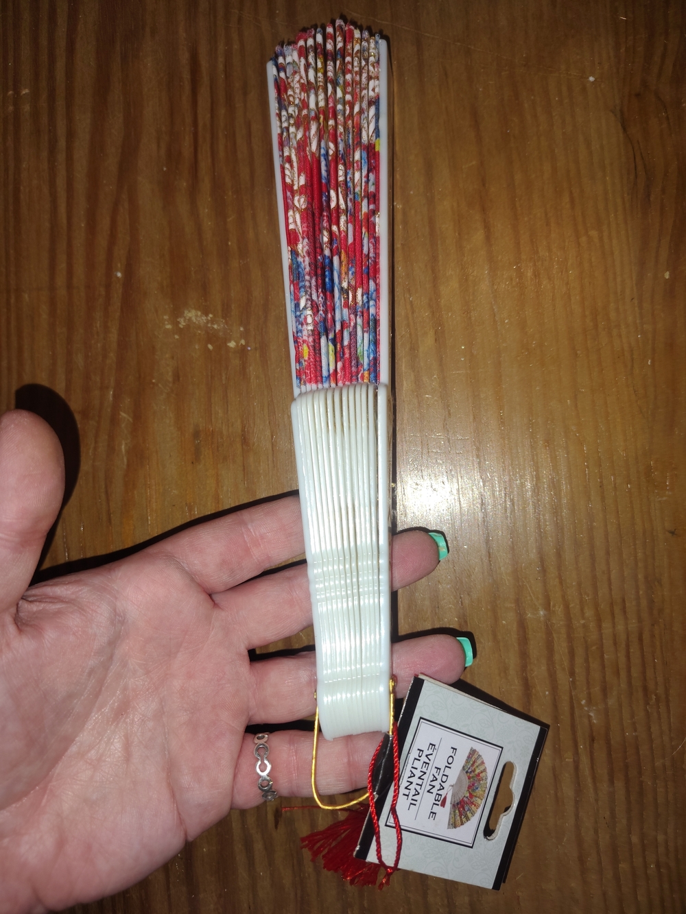 Folding Hand Fan W/Red & Blue Floral Print & Lace Details
